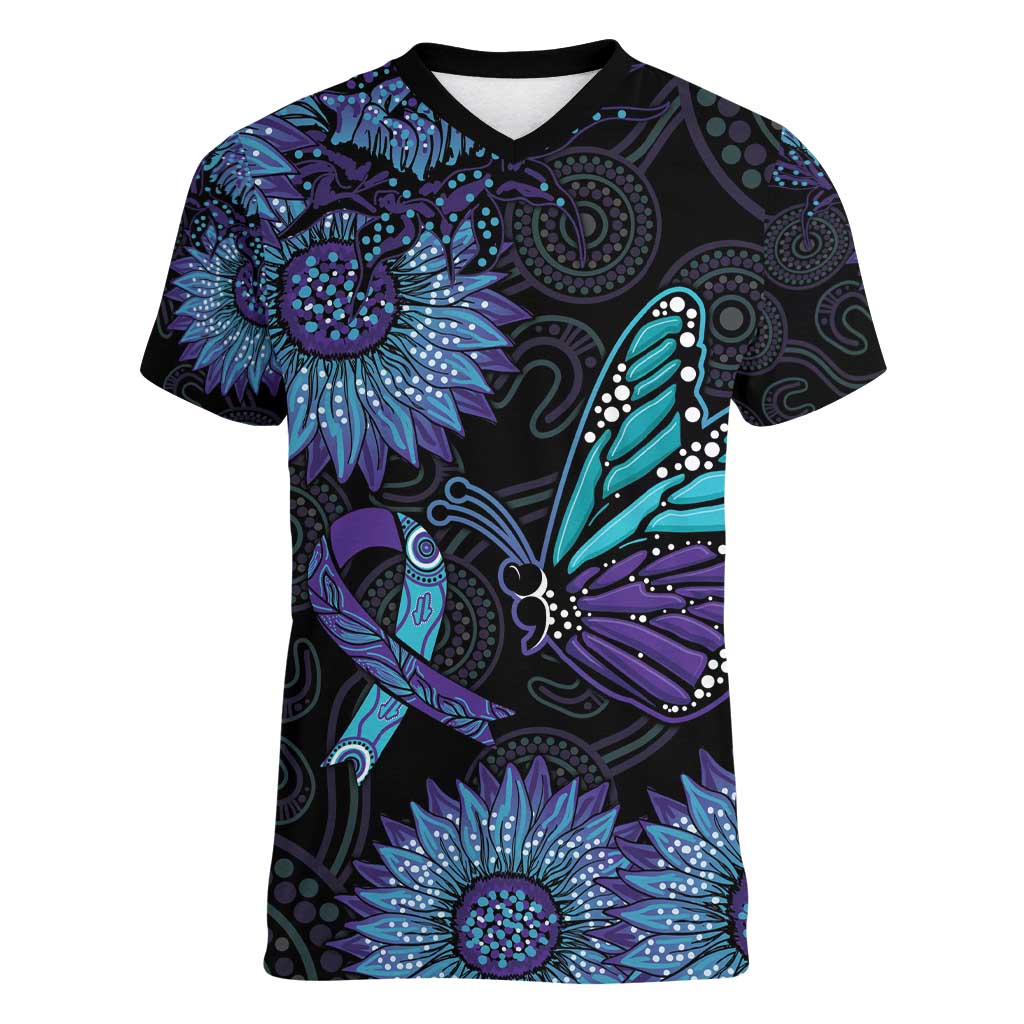 Australia Indigenous Women V-Neck T-Shirt Teal & Purple Sunflower Aboriginal Arts