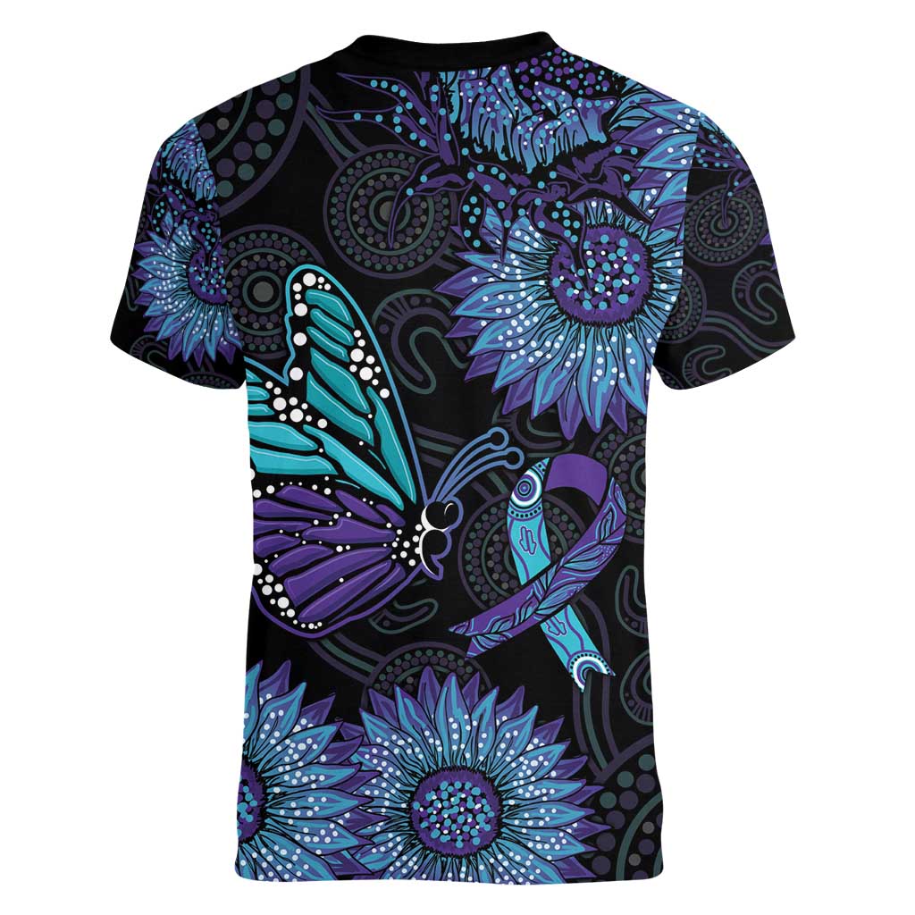 Australia Indigenous Women V-Neck T-Shirt Teal & Purple Sunflower Aboriginal Arts