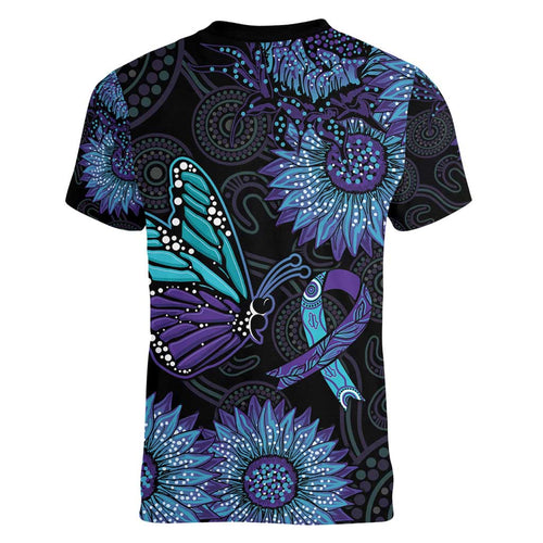 Australia Indigenous Women V-Neck T-Shirt Teal & Purple Sunflower Aboriginal Arts