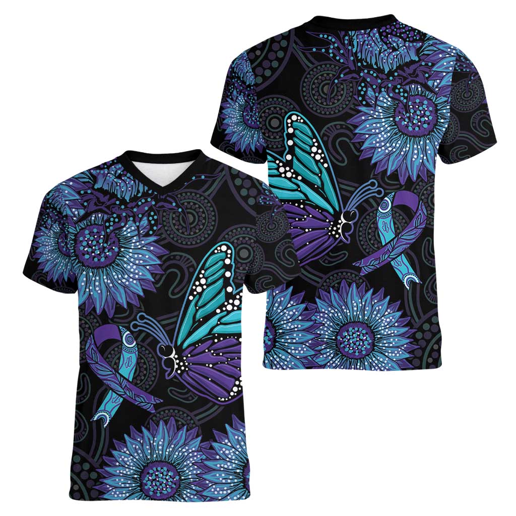 Australia Indigenous Women V-Neck T-Shirt Teal & Purple Sunflower Aboriginal Arts