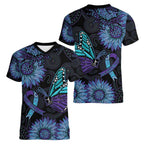 Australia Indigenous Women V-Neck T-Shirt Teal & Purple Sunflower Aboriginal Arts