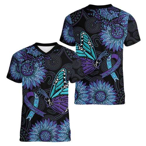 Australia Indigenous Women V-Neck T-Shirt Teal & Purple Sunflower Aboriginal Arts