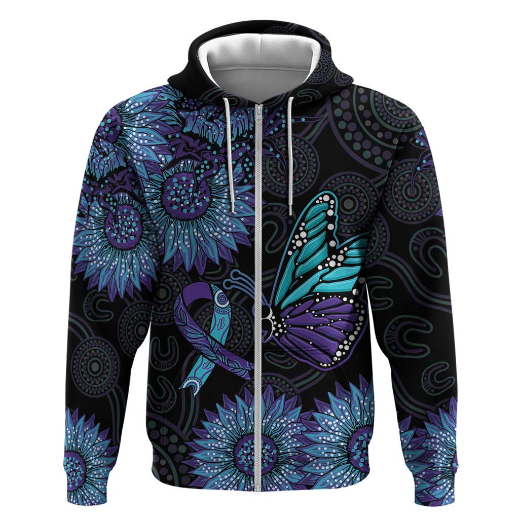 Australia Indigenous Zip Hoodie Teal & Purple Sunflower Aboriginal Arts
