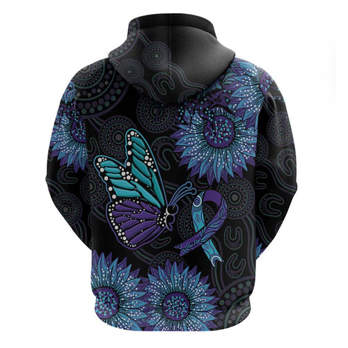 Australia Indigenous Zip Hoodie Teal & Purple Sunflower Aboriginal Arts