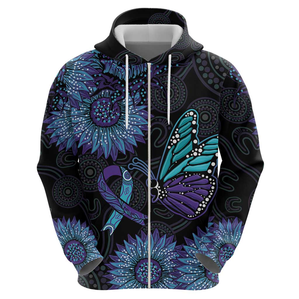 Australia Indigenous Zip Hoodie Teal & Purple Sunflower Aboriginal Arts