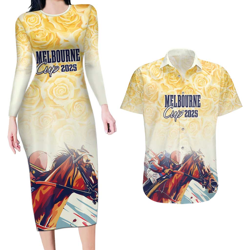 Melbourne Horse Racing Couples Matching Long Sleeve Bodycon Dress and Hawaiian Shirt Yellow Rose Champion LT7