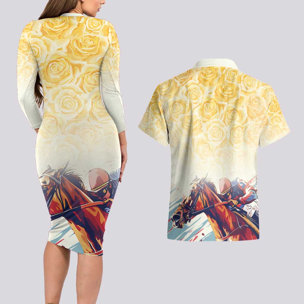 Melbourne Horse Racing Couples Matching Long Sleeve Bodycon Dress and Hawaiian Shirt Yellow Rose Champion LT7