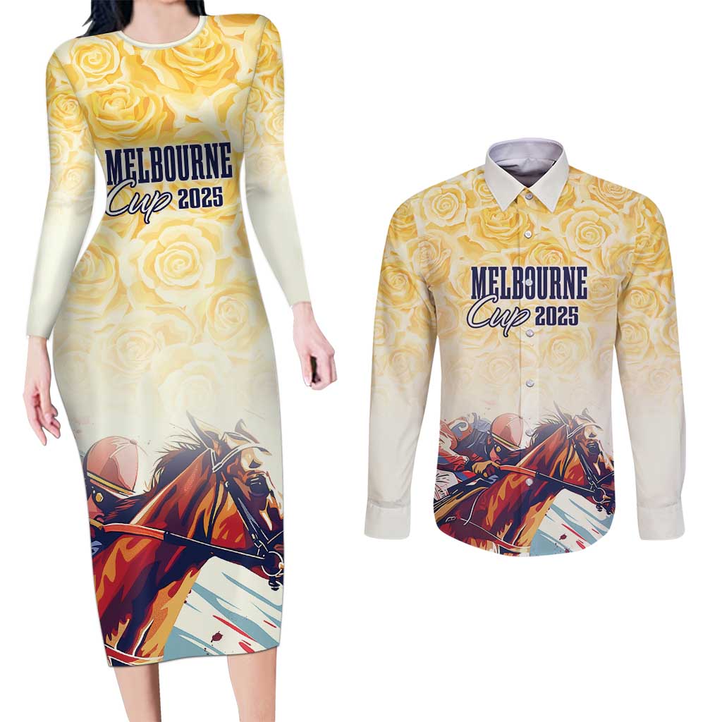 Melbourne Horse Racing Couples Matching Long Sleeve Bodycon Dress and Long Sleeve Button Shirt Yellow Rose Champion LT7
