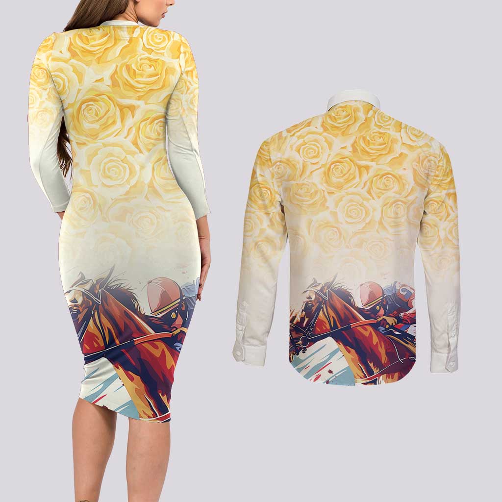 Melbourne Horse Racing Couples Matching Long Sleeve Bodycon Dress and Long Sleeve Button Shirt Yellow Rose Champion LT7