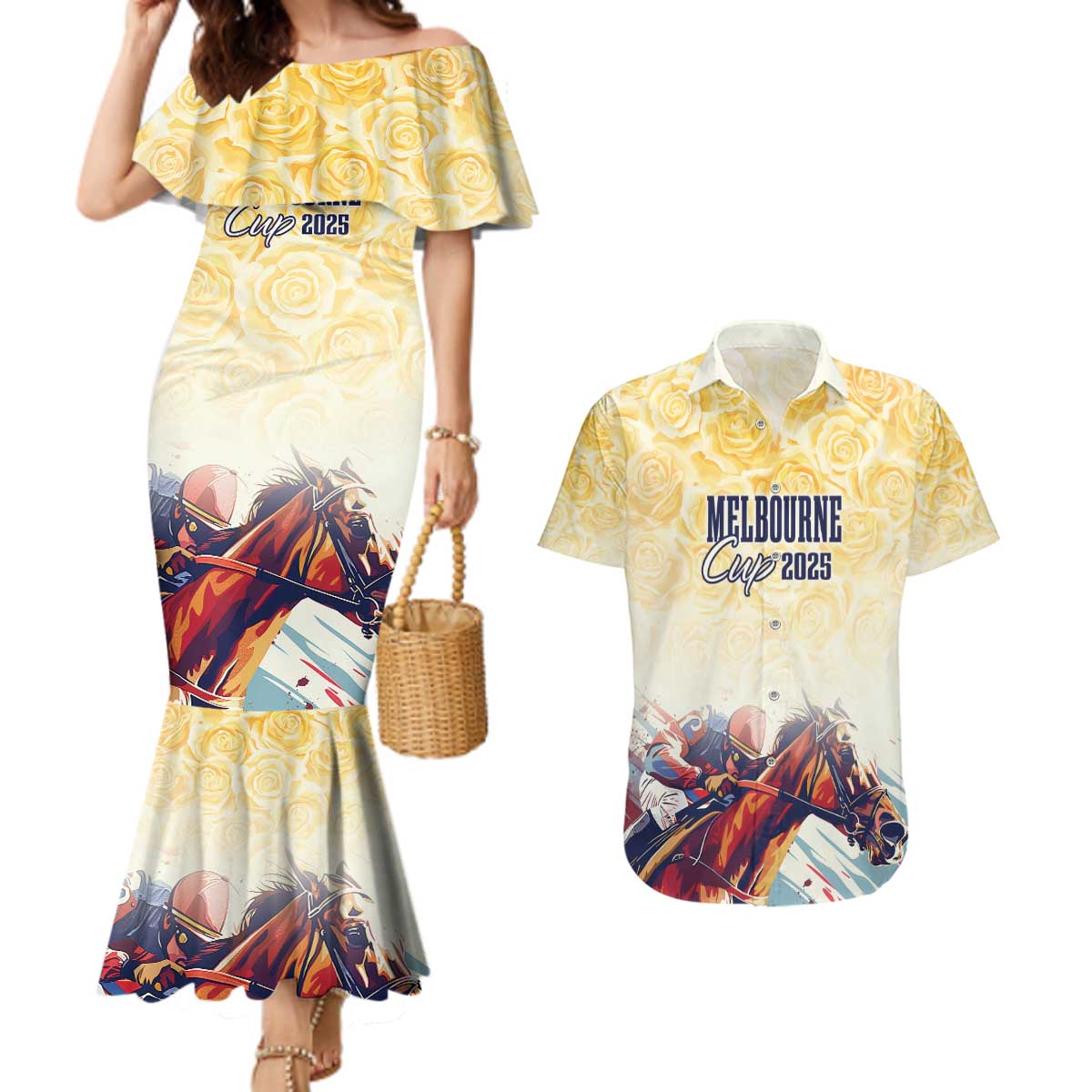 Melbourne Horse Racing Couples Matching Mermaid Dress and Hawaiian Shirt Yellow Rose Champion LT7