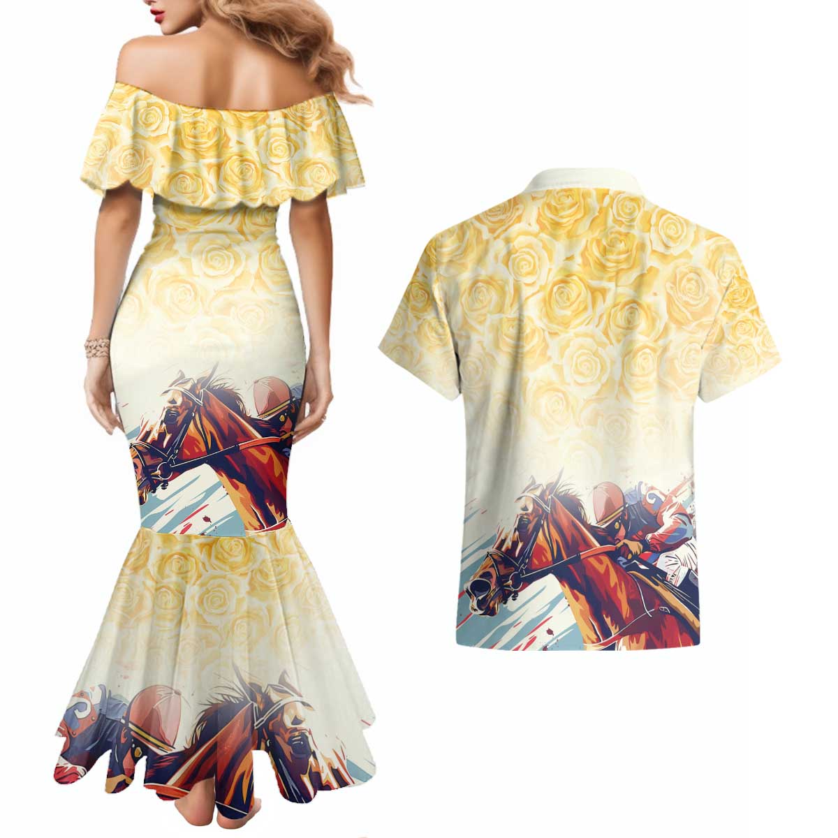Melbourne Horse Racing Couples Matching Mermaid Dress and Hawaiian Shirt Yellow Rose Champion LT7