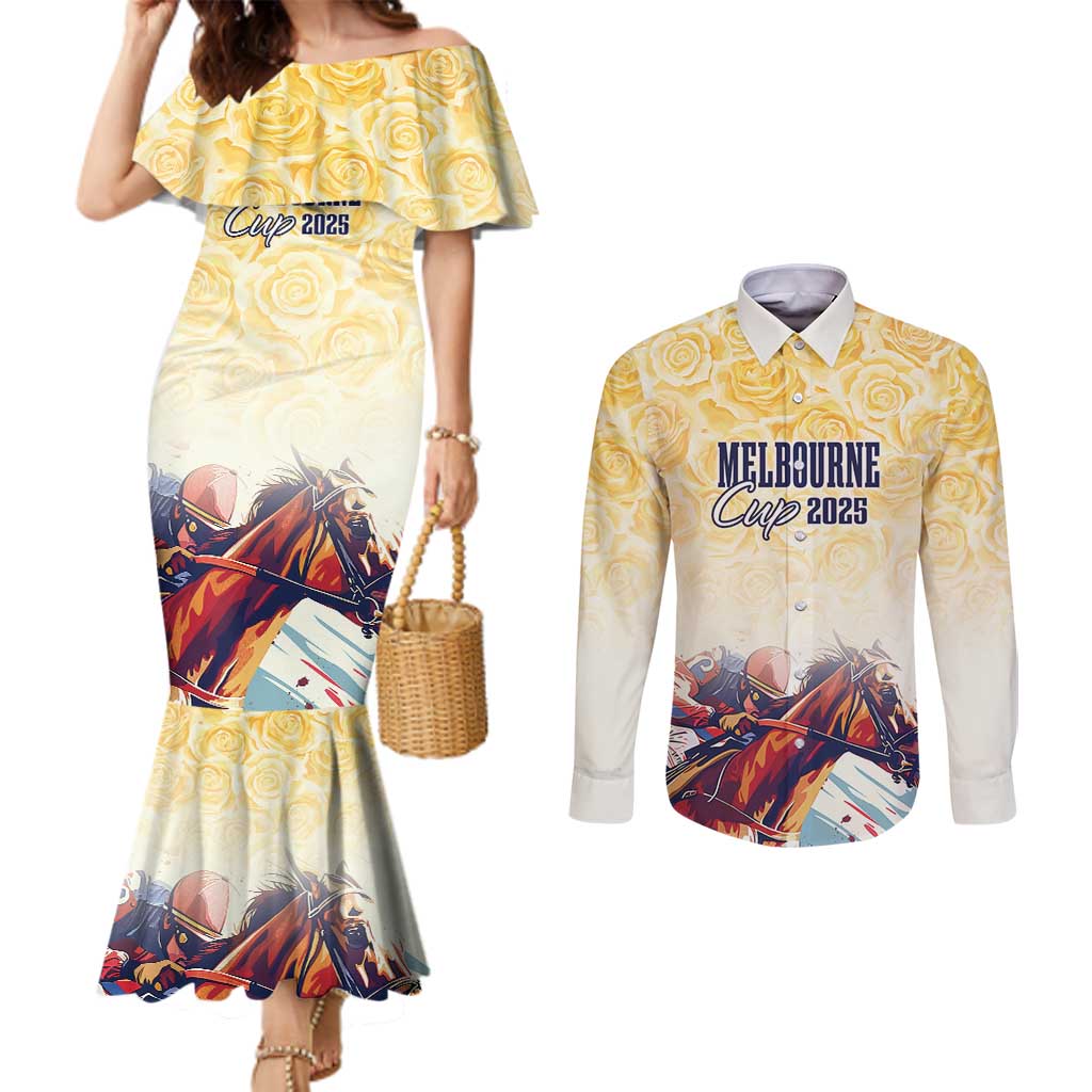 Melbourne Horse Racing Couples Matching Mermaid Dress and Long Sleeve Button Shirt Yellow Rose Champion LT7
