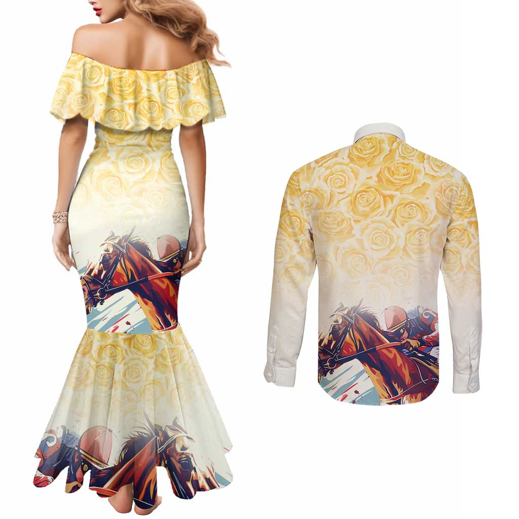 Melbourne Horse Racing Couples Matching Mermaid Dress and Long Sleeve Button Shirt Yellow Rose Champion LT7