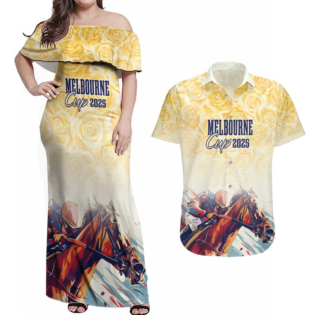Melbourne Horse Racing Couples Matching Off Shoulder Maxi Dress and Hawaiian Shirt Yellow Rose Champion LT7