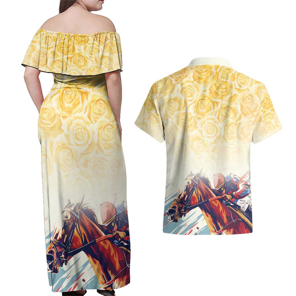 Melbourne Horse Racing Couples Matching Off Shoulder Maxi Dress and Hawaiian Shirt Yellow Rose Champion LT7