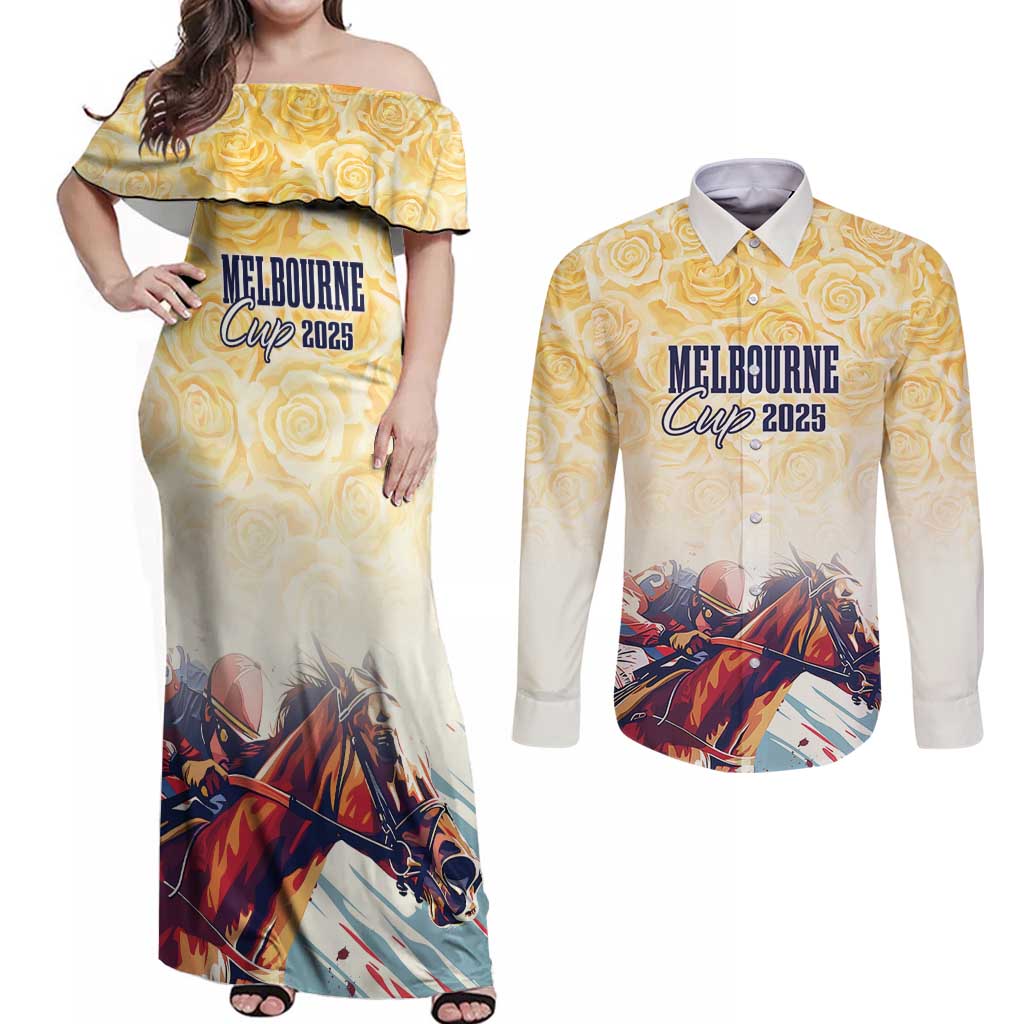 Melbourne Horse Racing Couples Matching Off Shoulder Maxi Dress and Long Sleeve Button Shirt Yellow Rose Champion LT7