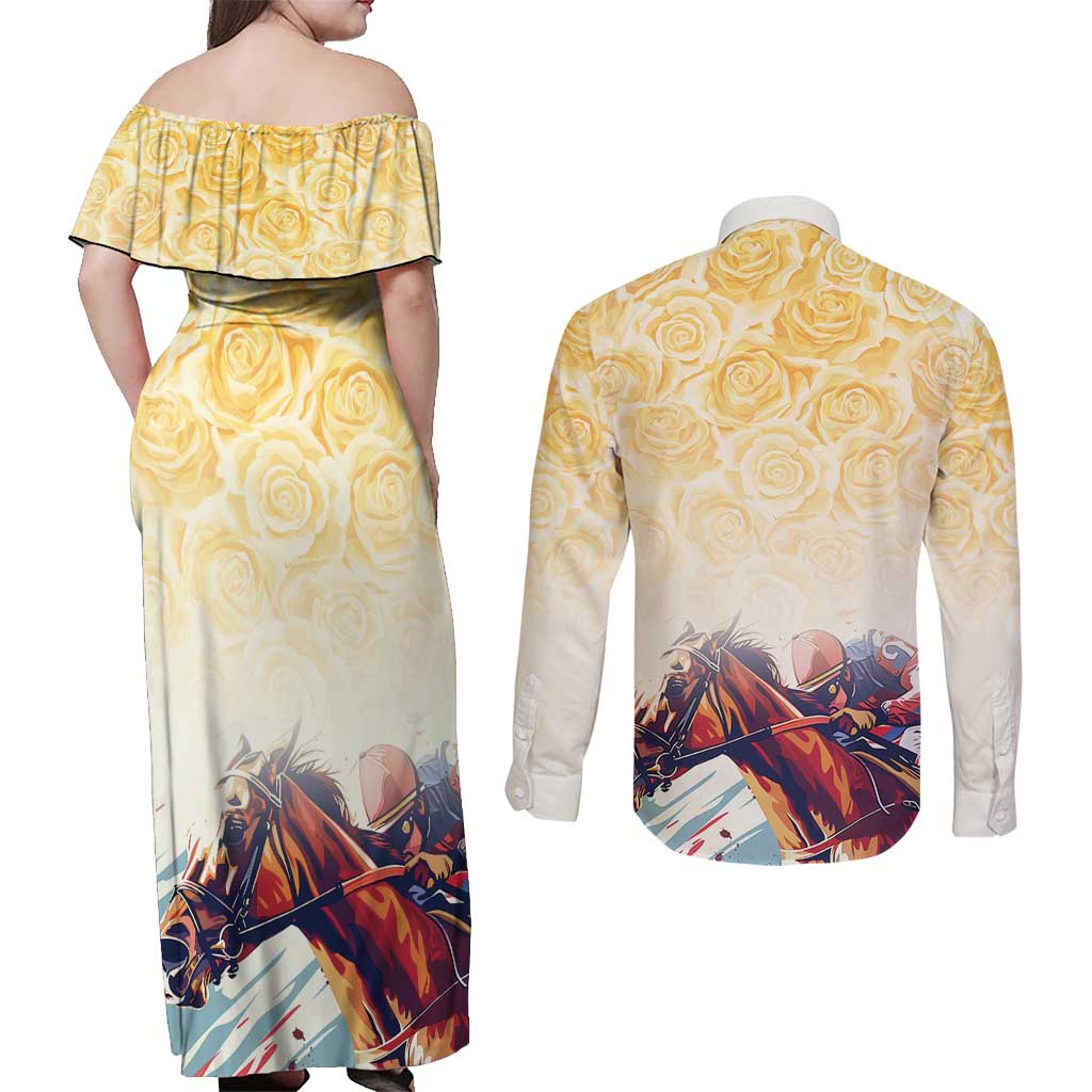 Melbourne Horse Racing Couples Matching Off Shoulder Maxi Dress and Long Sleeve Button Shirt Yellow Rose Champion LT7