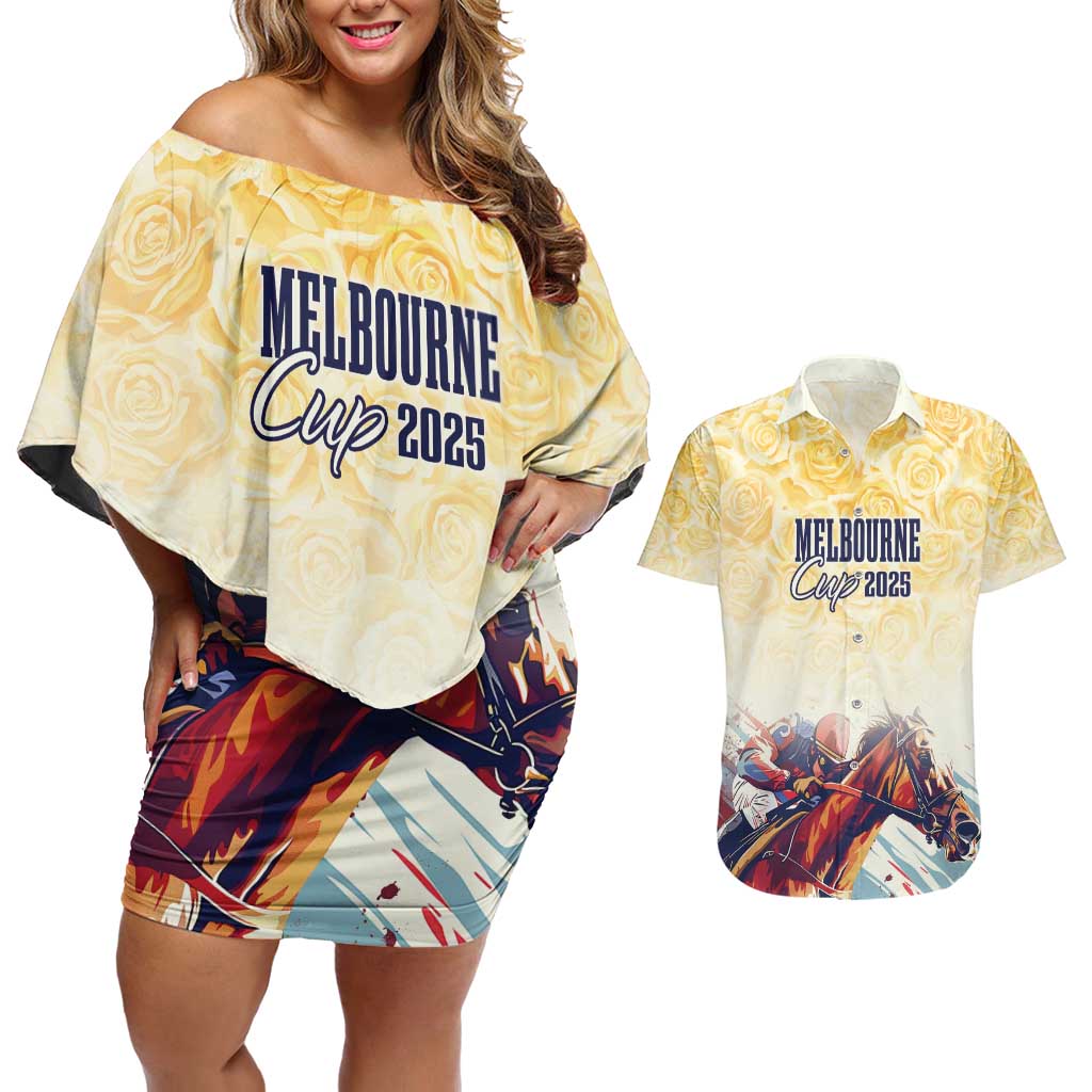 Melbourne Horse Racing Couples Matching Off Shoulder Short Dress and Hawaiian Shirt Yellow Rose Champion LT7