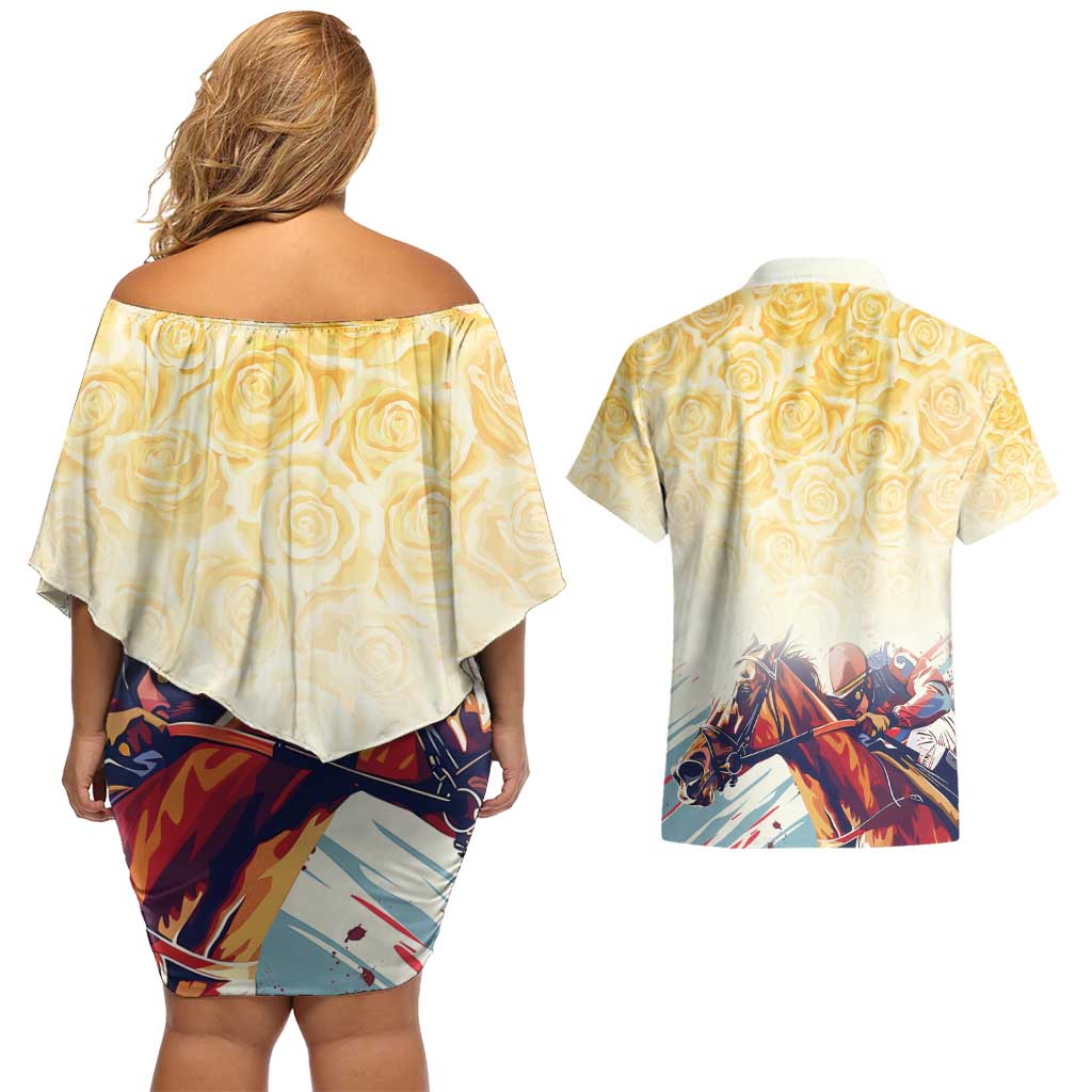 Melbourne Horse Racing Couples Matching Off Shoulder Short Dress and Hawaiian Shirt Yellow Rose Champion LT7