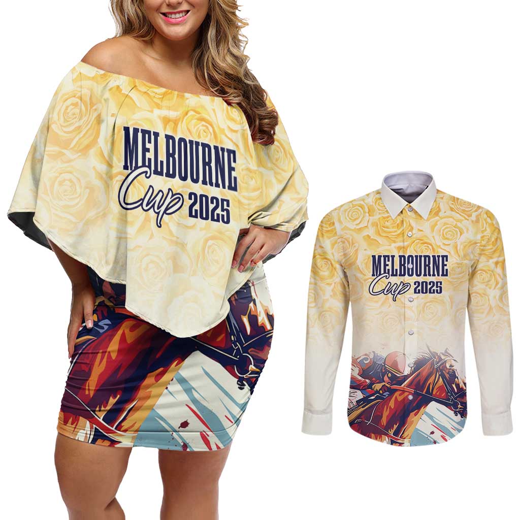 Melbourne Horse Racing Couples Matching Off Shoulder Short Dress and Long Sleeve Button Shirt Yellow Rose Champion LT7