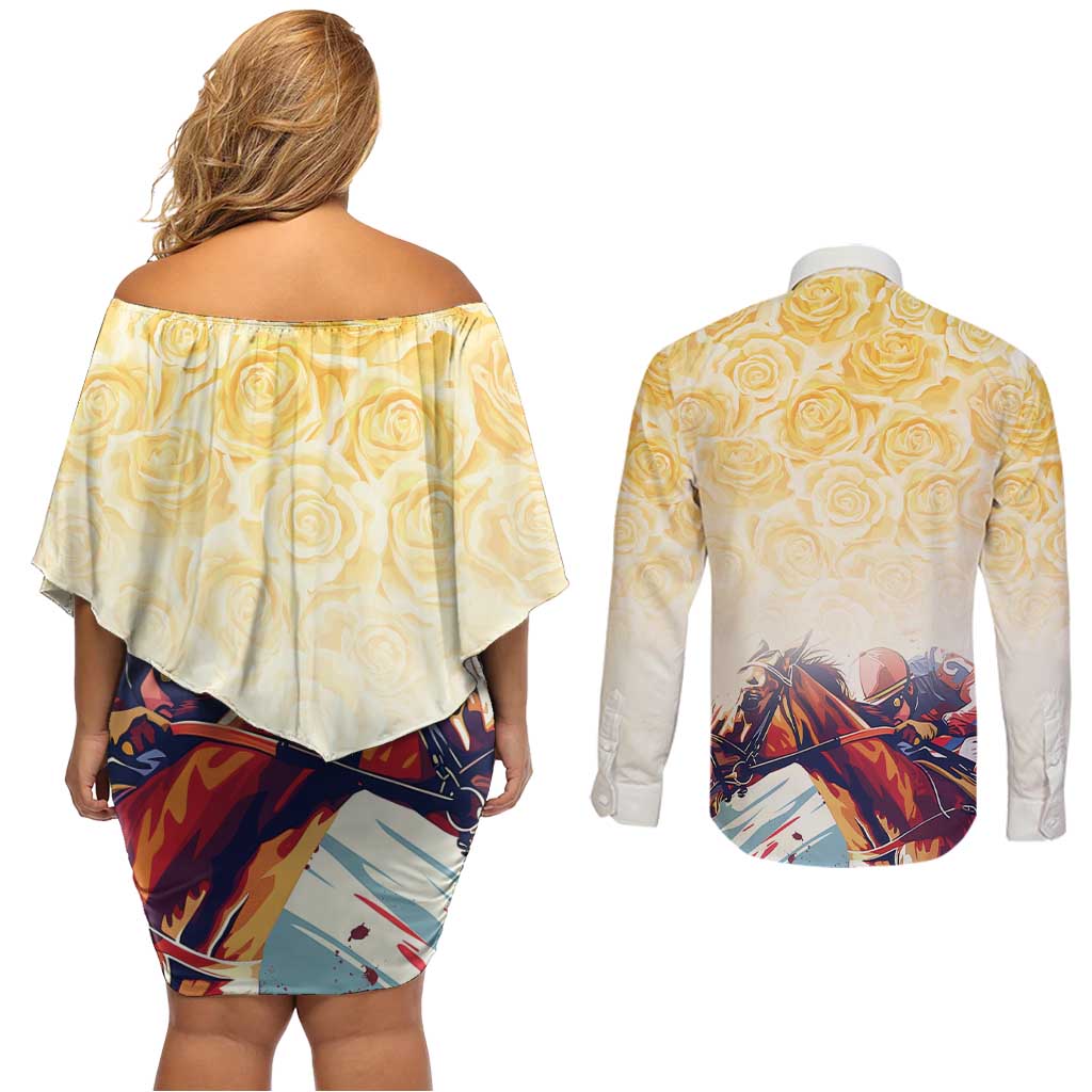 Melbourne Horse Racing Couples Matching Off Shoulder Short Dress and Long Sleeve Button Shirt Yellow Rose Champion LT7