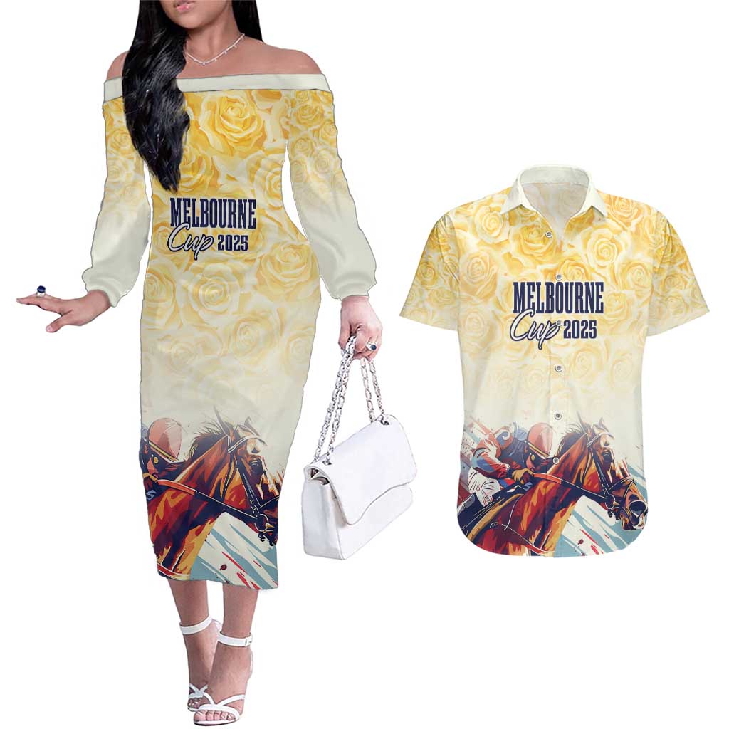 Melbourne Horse Racing Couples Matching Off The Shoulder Long Sleeve Dress and Hawaiian Shirt Yellow Rose Champion LT7