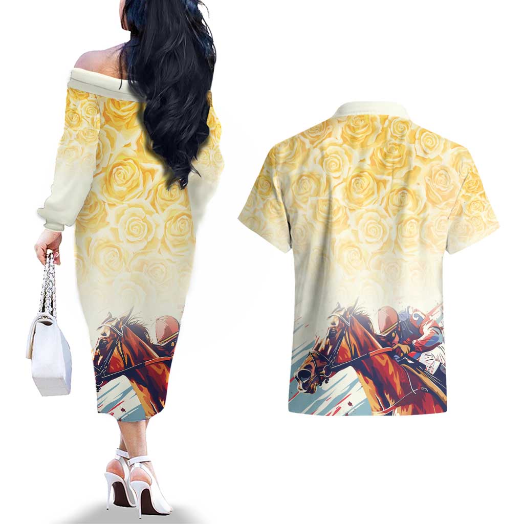 Melbourne Horse Racing Couples Matching Off The Shoulder Long Sleeve Dress and Hawaiian Shirt Yellow Rose Champion LT7