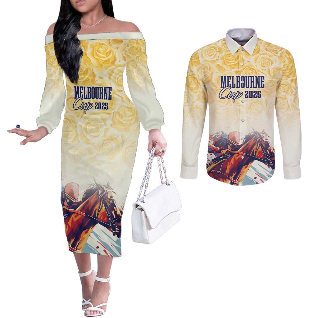 Melbourne Horse Racing Couples Matching Off The Shoulder Long Sleeve Dress and Long Sleeve Button Shirt Yellow Rose Champion LT7
