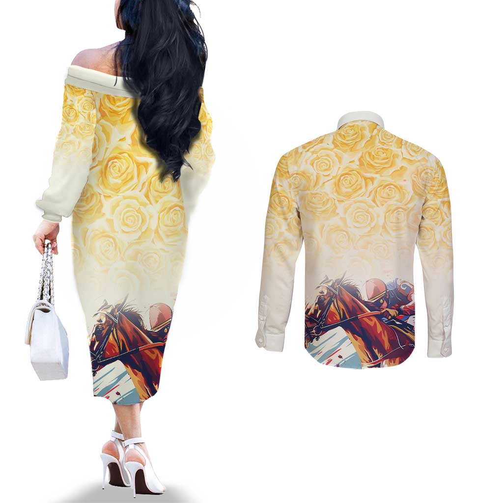 Melbourne Horse Racing Couples Matching Off The Shoulder Long Sleeve Dress and Long Sleeve Button Shirt Yellow Rose Champion LT7