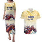 Melbourne Horse Racing Couples Matching Puletasi and Hawaiian Shirt Yellow Rose Champion LT7