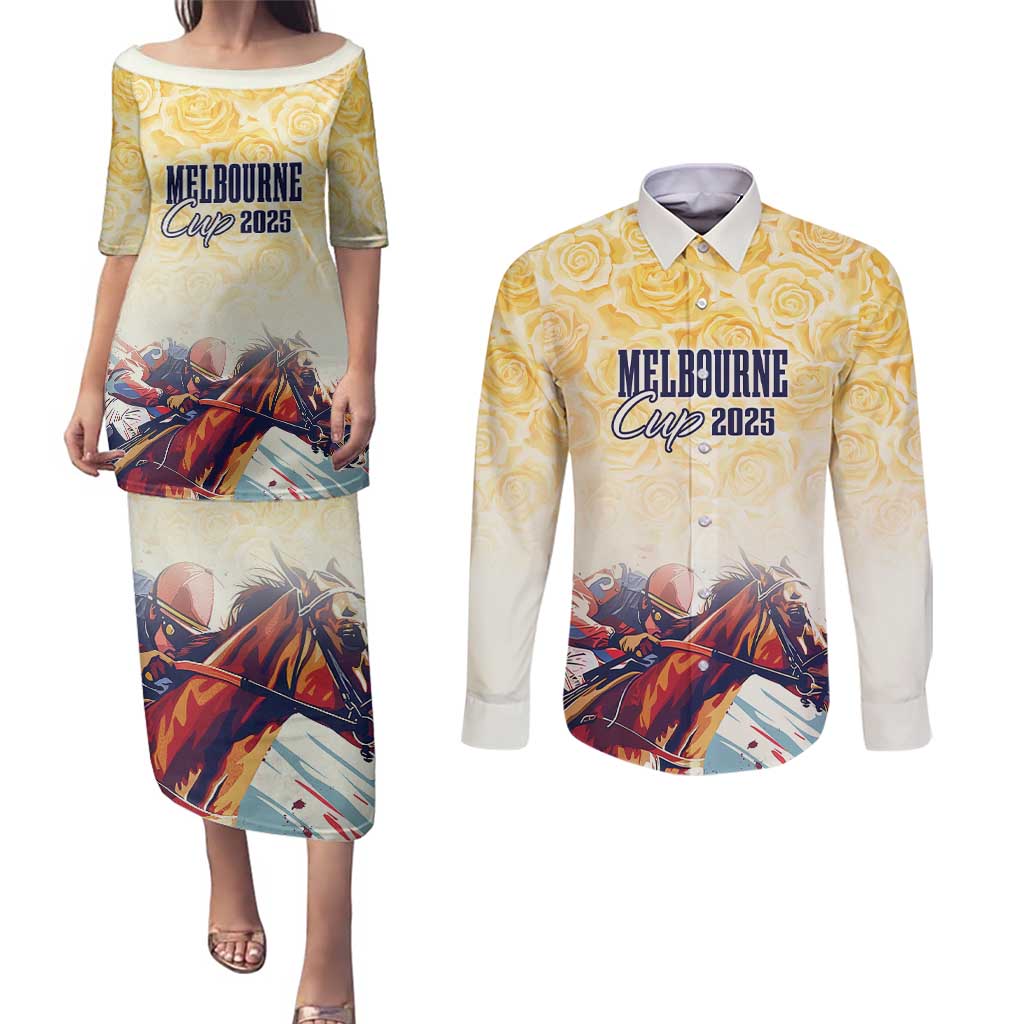 Melbourne Horse Racing Couples Matching Puletasi and Long Sleeve Button Shirt Yellow Rose Champion LT7