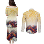 Melbourne Horse Racing Couples Matching Puletasi and Long Sleeve Button Shirt Yellow Rose Champion LT7