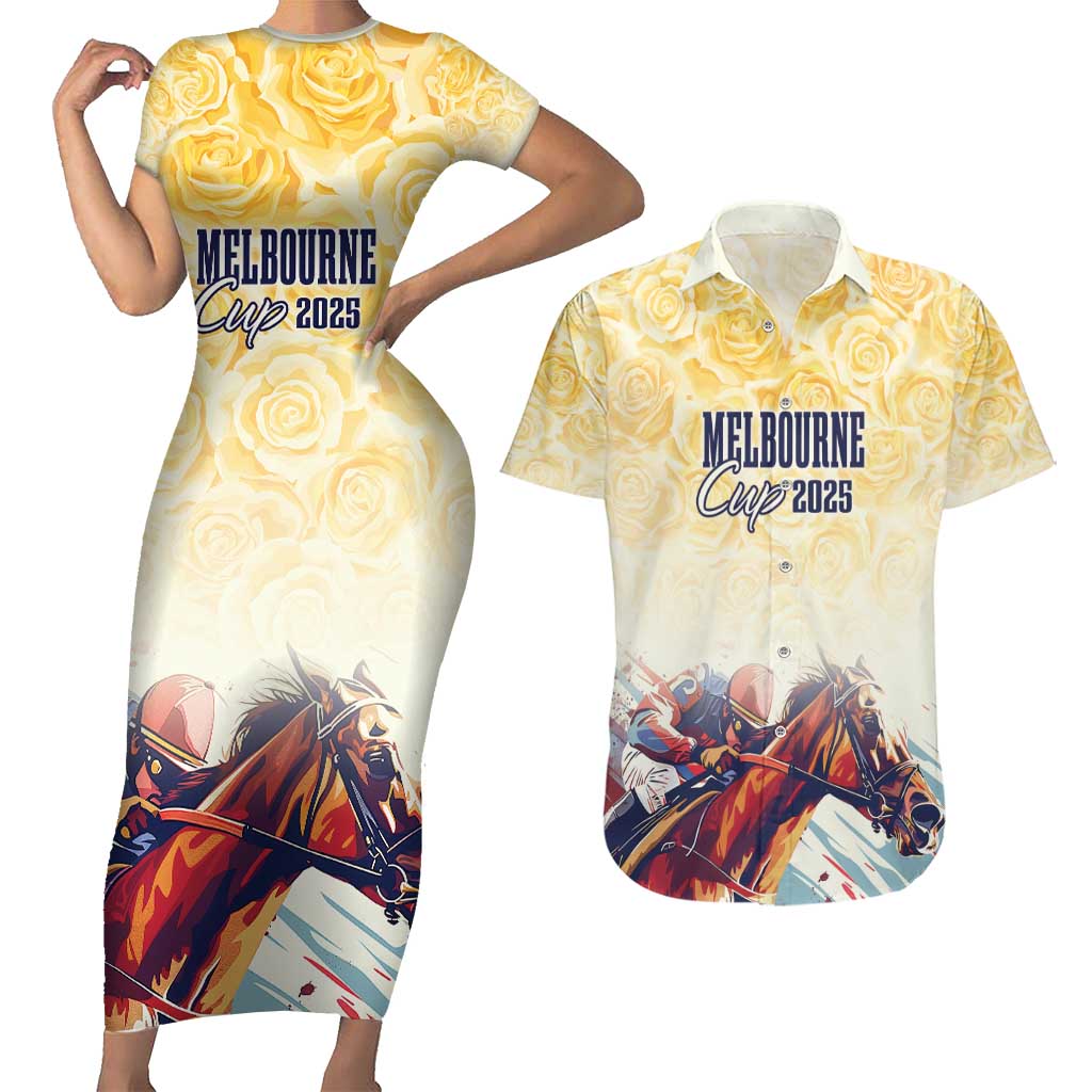 Melbourne Horse Racing Couples Matching Short Sleeve Bodycon Dress and Hawaiian Shirt Yellow Rose Champion LT7