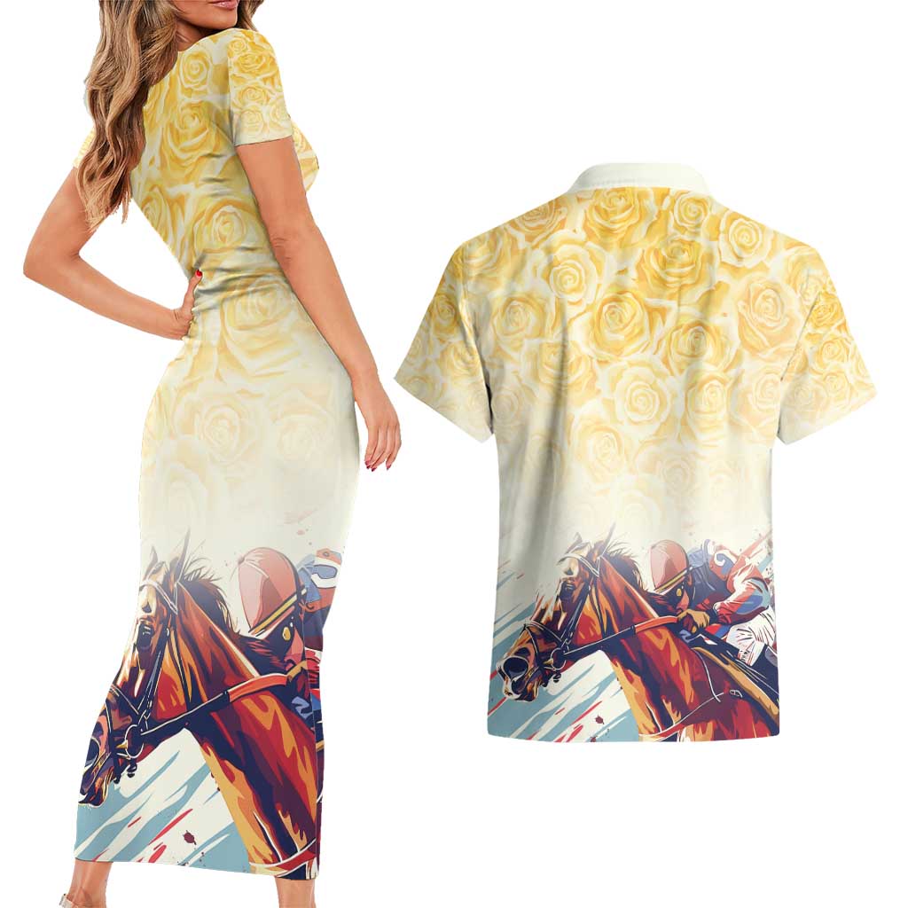 Melbourne Horse Racing Couples Matching Short Sleeve Bodycon Dress and Hawaiian Shirt Yellow Rose Champion LT7