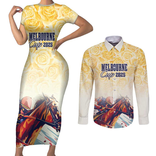 Melbourne Horse Racing Couples Matching Short Sleeve Bodycon Dress and Long Sleeve Button Shirt Yellow Rose Champion LT7