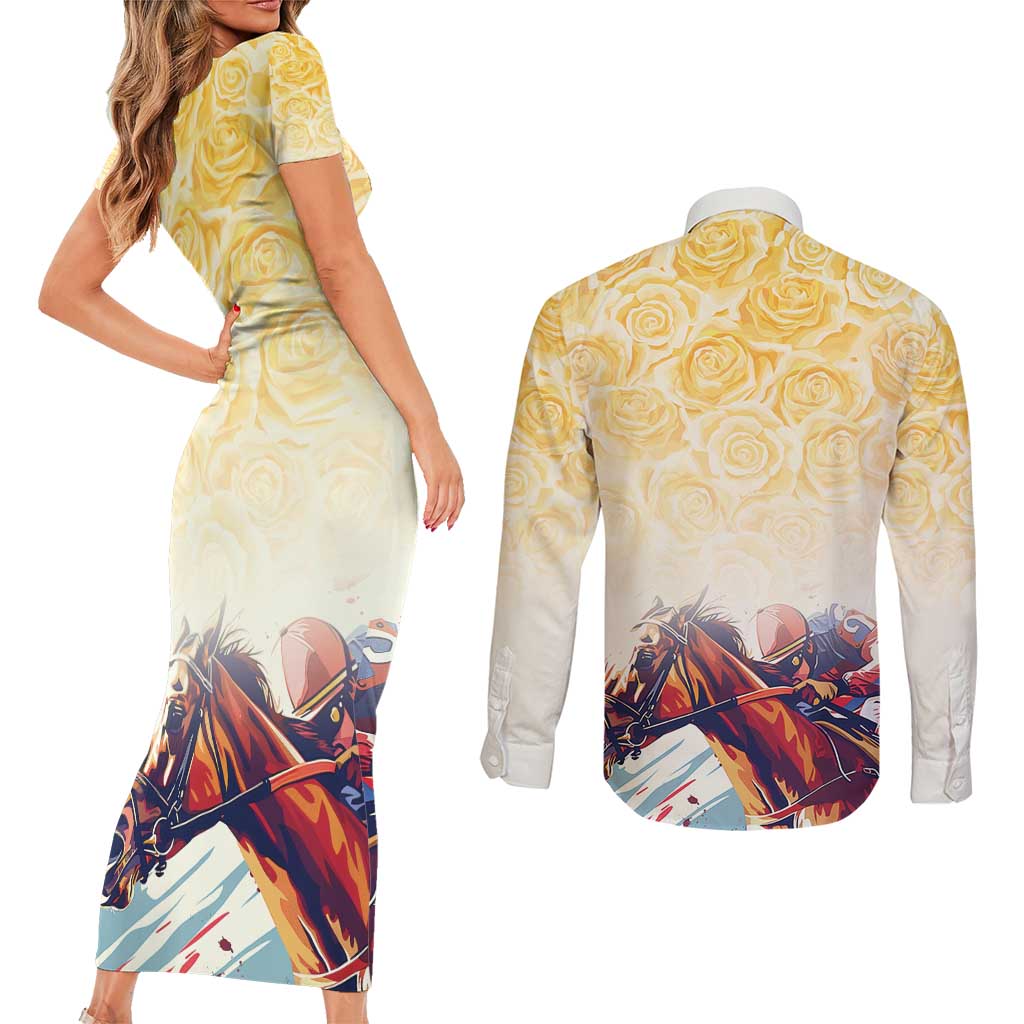 Melbourne Horse Racing Couples Matching Short Sleeve Bodycon Dress and Long Sleeve Button Shirt Yellow Rose Champion LT7