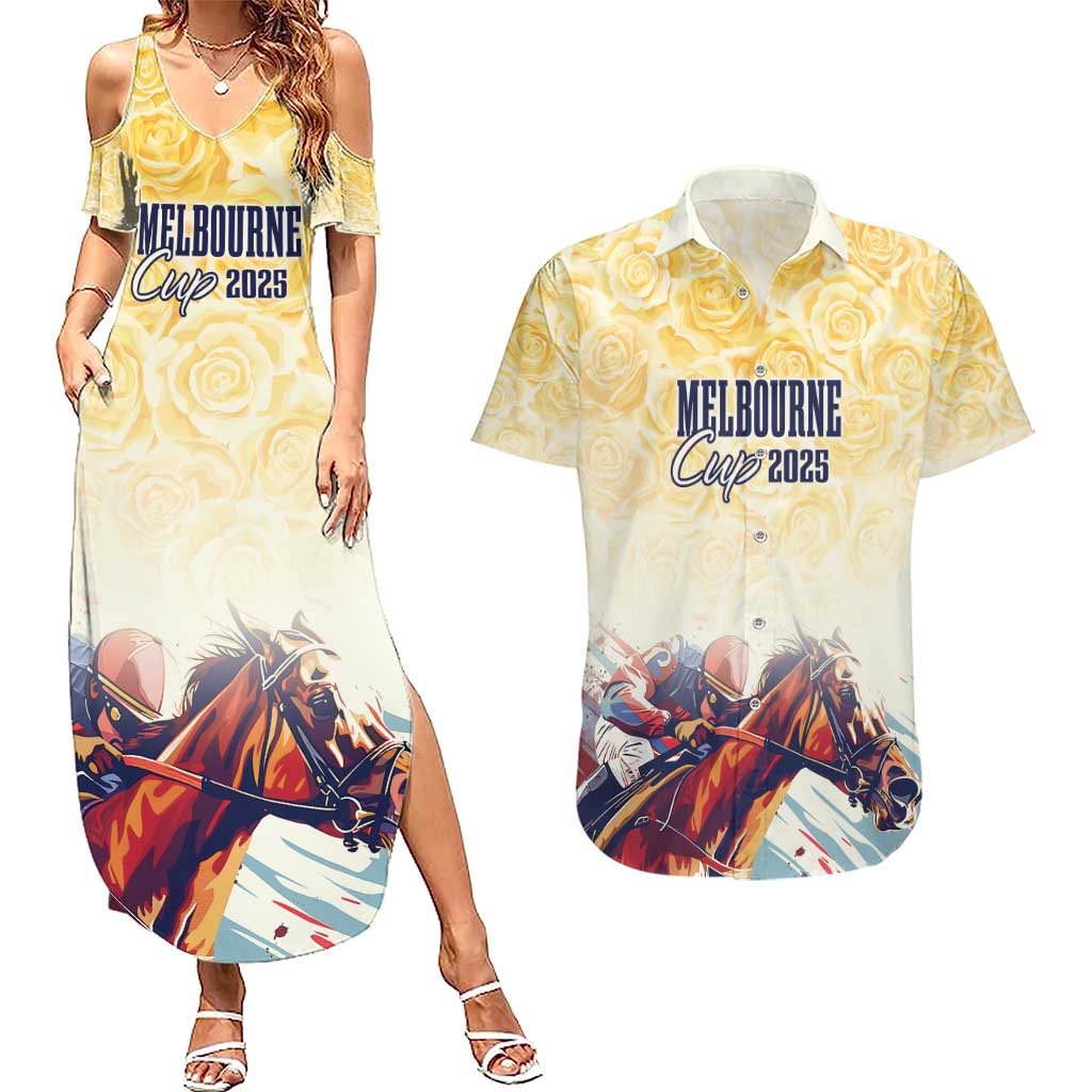 Melbourne Horse Racing Couples Matching Summer Maxi Dress and Hawaiian Shirt Yellow Rose Champion LT7