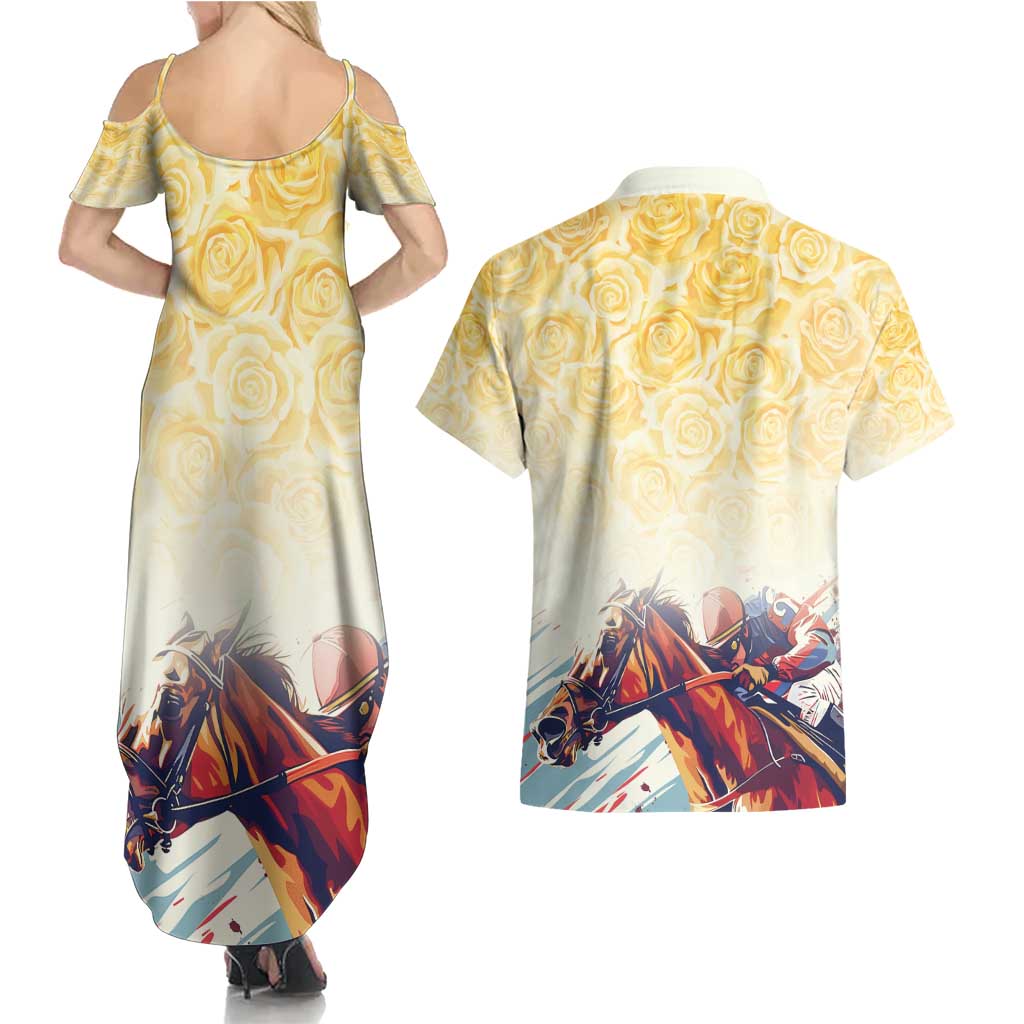 Melbourne Horse Racing Couples Matching Summer Maxi Dress and Hawaiian Shirt Yellow Rose Champion LT7
