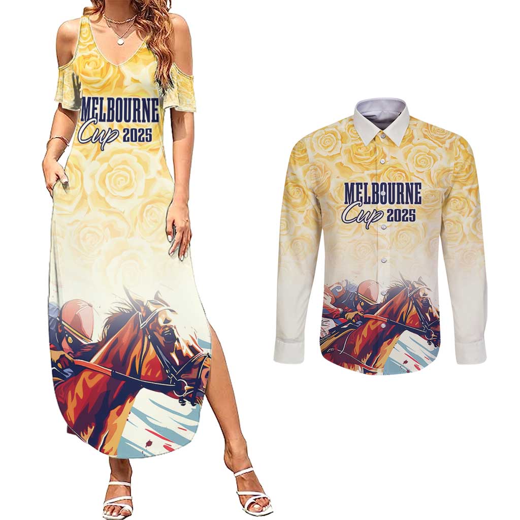 Melbourne Horse Racing Couples Matching Summer Maxi Dress and Long Sleeve Button Shirt Yellow Rose Champion LT7