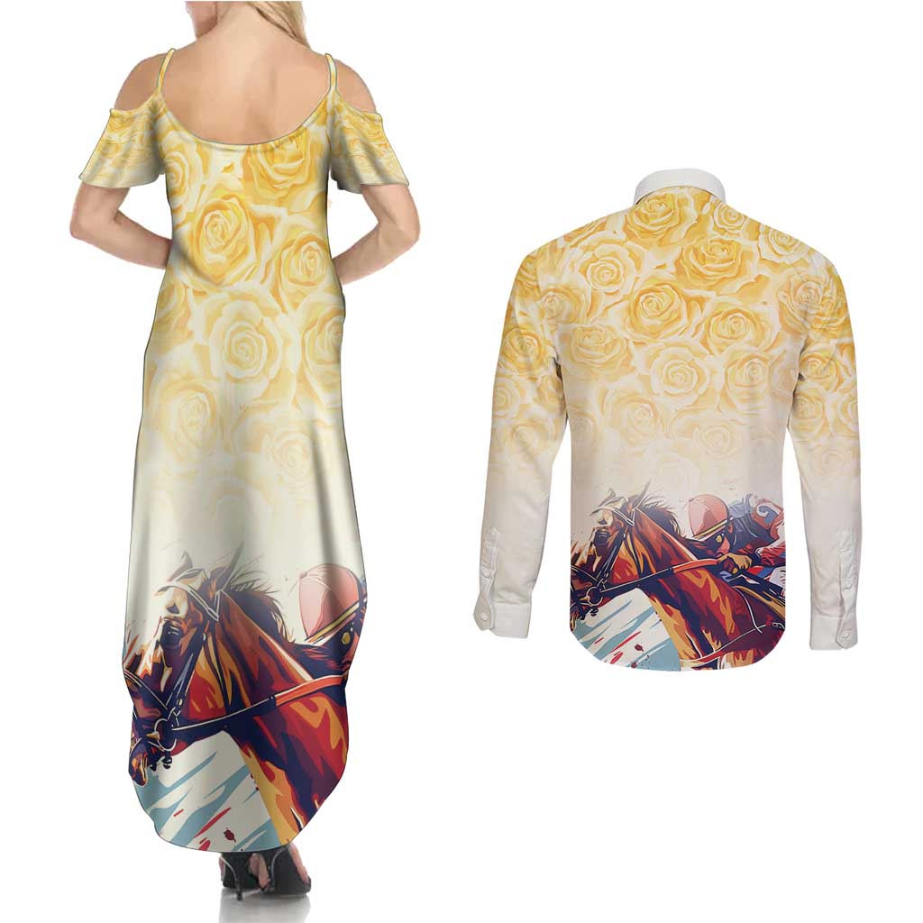 Melbourne Horse Racing Couples Matching Summer Maxi Dress and Long Sleeve Button Shirt Yellow Rose Champion LT7