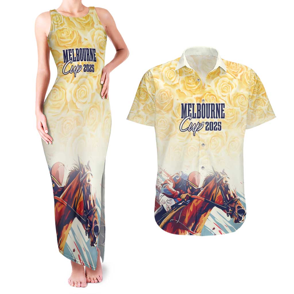 Melbourne Horse Racing Couples Matching Tank Maxi Dress and Hawaiian Shirt Yellow Rose Champion LT7