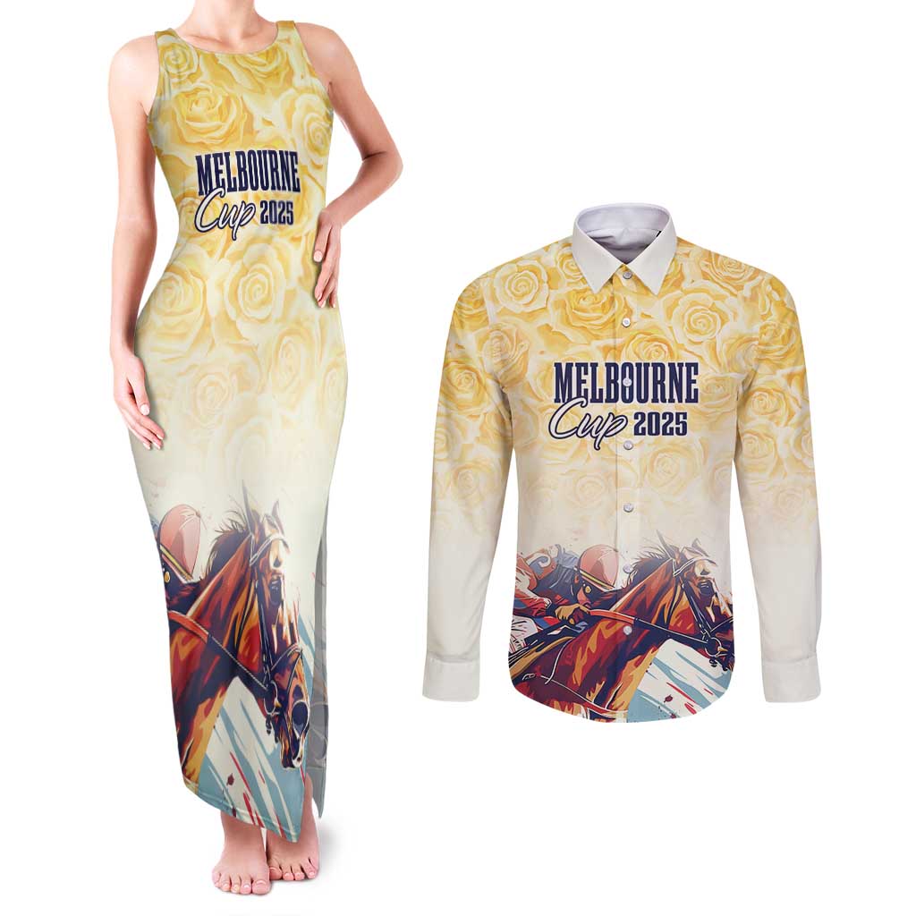 Melbourne Horse Racing Couples Matching Tank Maxi Dress and Long Sleeve Button Shirt Yellow Rose Champion LT7