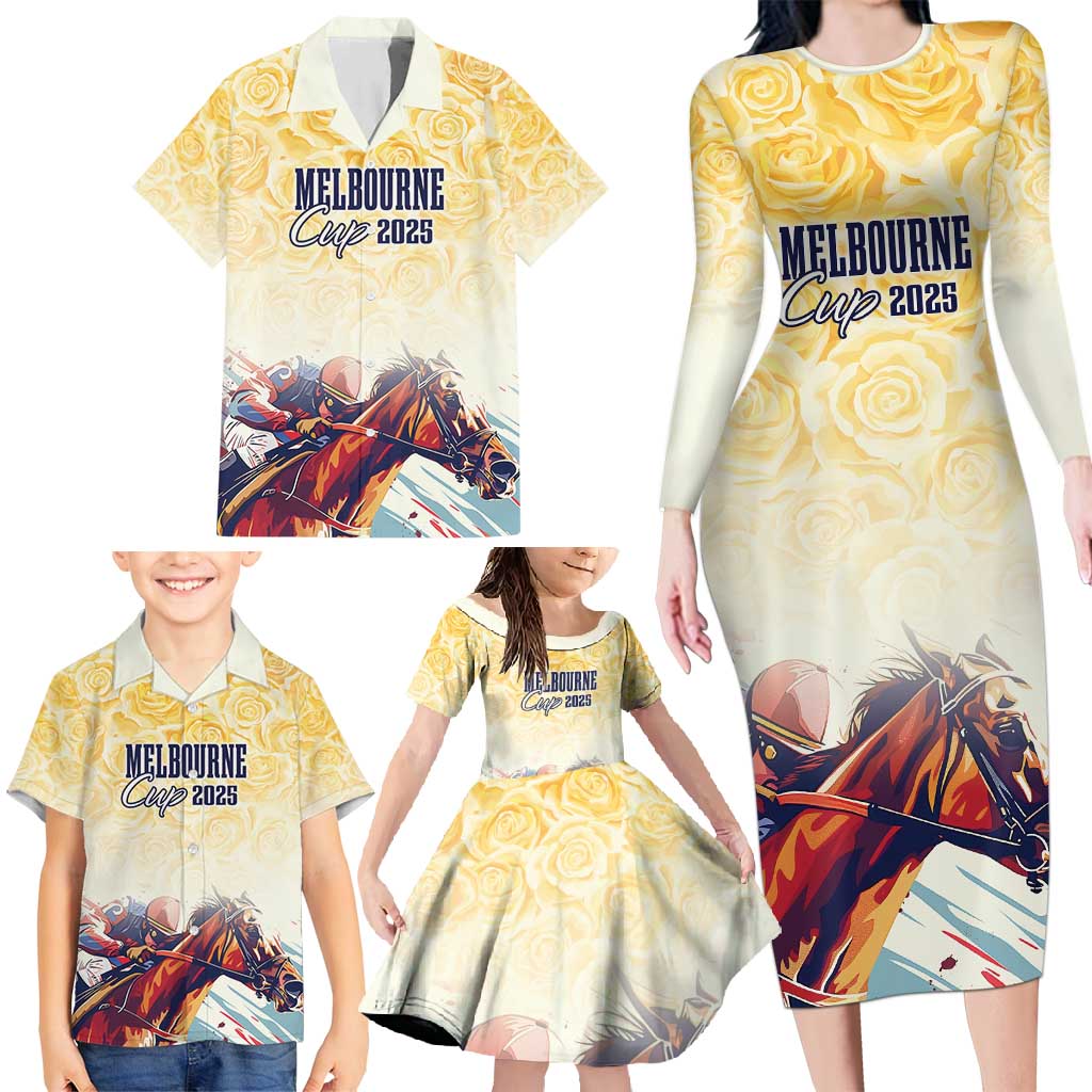 Melbourne Horse Racing Family Matching Long Sleeve Bodycon Dress and Hawaiian Shirt Yellow Rose Champion LT7