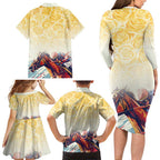 Melbourne Horse Racing Family Matching Long Sleeve Bodycon Dress and Hawaiian Shirt Yellow Rose Champion LT7