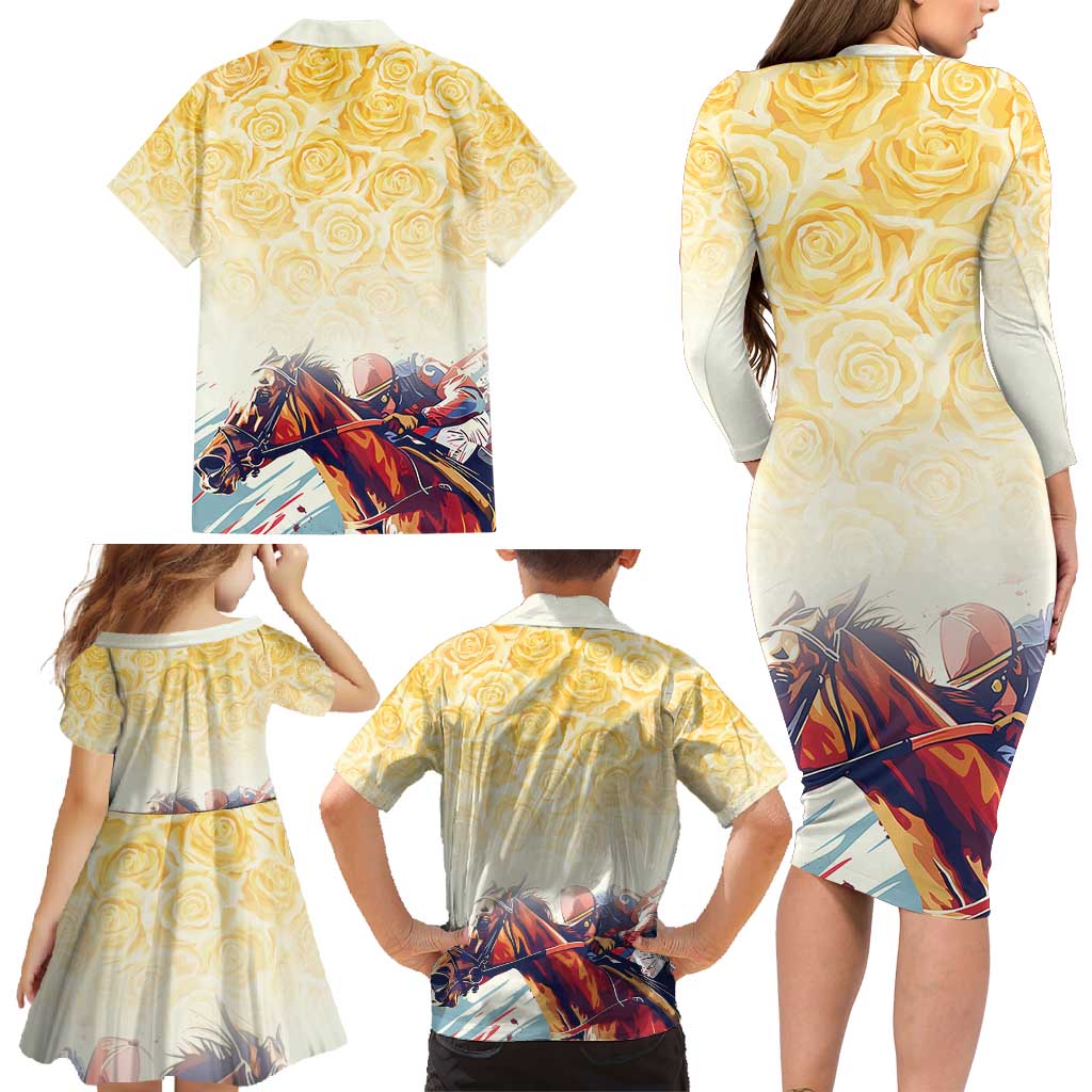Melbourne Horse Racing Family Matching Long Sleeve Bodycon Dress and Hawaiian Shirt Yellow Rose Champion LT7