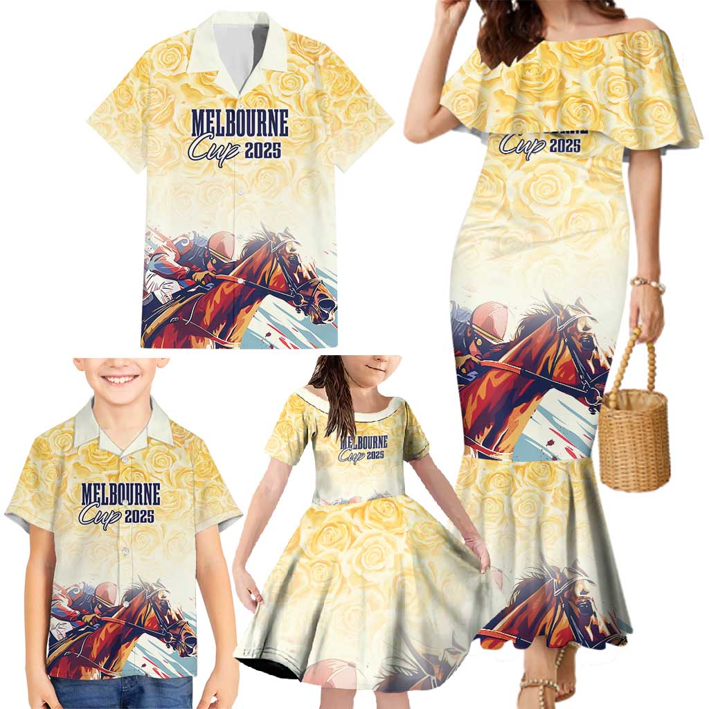 Melbourne Horse Racing Family Matching Mermaid Dress and Hawaiian Shirt Yellow Rose Champion LT7