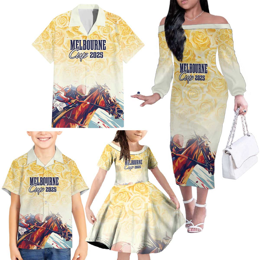 Melbourne Horse Racing Family Matching Off The Shoulder Long Sleeve Dress and Hawaiian Shirt Yellow Rose Champion LT7