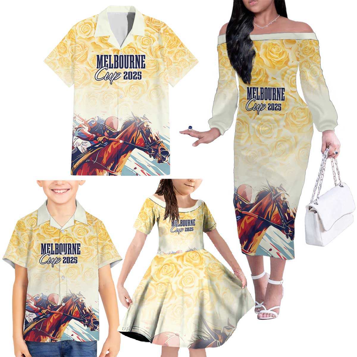 Melbourne Horse Racing Family Matching Off The Shoulder Long Sleeve Dress and Hawaiian Shirt Yellow Rose Champion LT7