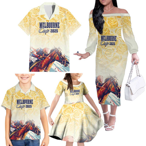 Melbourne Horse Racing Family Matching Off The Shoulder Long Sleeve Dress and Hawaiian Shirt Yellow Rose Champion LT7