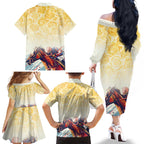 Melbourne Horse Racing Family Matching Off The Shoulder Long Sleeve Dress and Hawaiian Shirt Yellow Rose Champion LT7